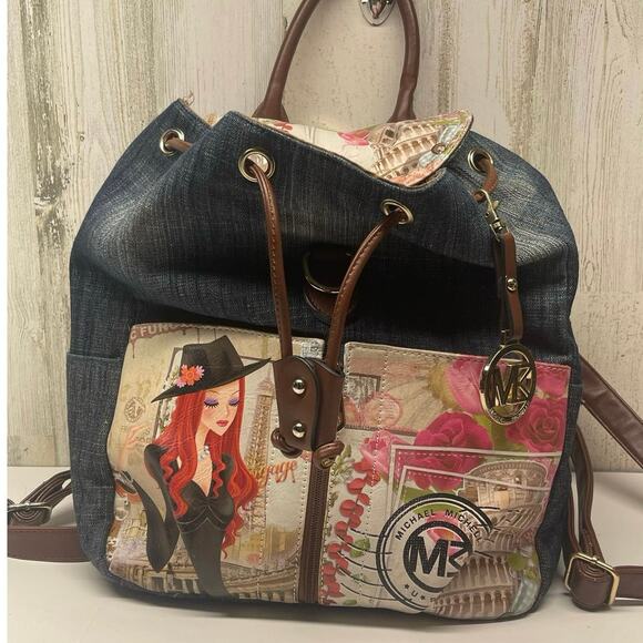 Michael Michelle Hand Painted Denim Backpack Floral NWT Paris Print Handbag - Picture 9 of 13